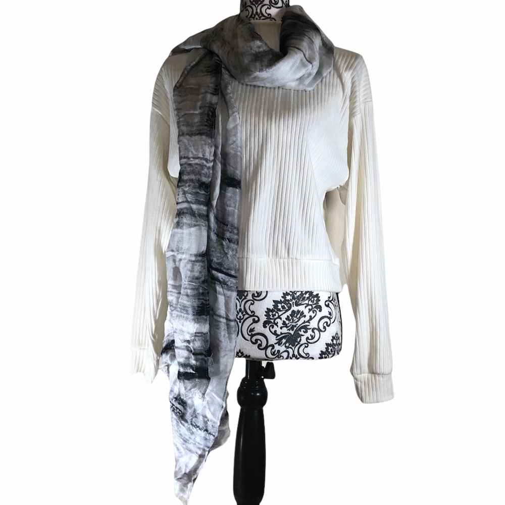 Boho Tie Dye Scarf Wrap Gray Oversized Tissue Lightweight Black Silver